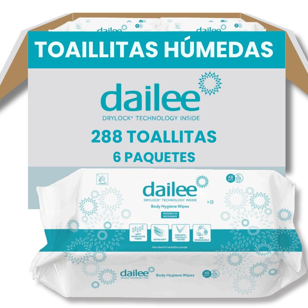 Dailee Toallitas Humedas XL - 288x Toallitas Humedas para la Higiene Limpieza Corporal de Adultos - Adultos, Ancianos, Discapacitados, Enfermos - 288 Toallitas Húmedas, 6 Paquetes