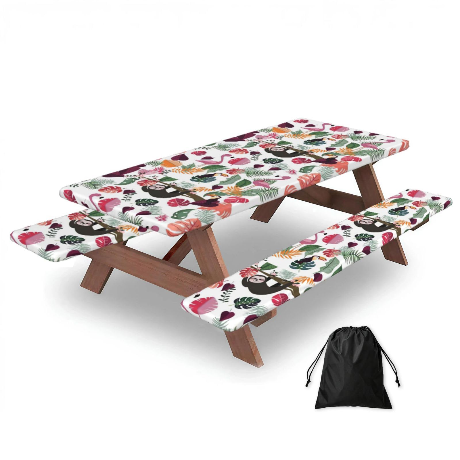 Yqxwjl Black Sloth In Pink Tropical Jungle Print Camping Essentials Waterproof Camping Table And Bench Cover With Drawstring Bag 183 Cm