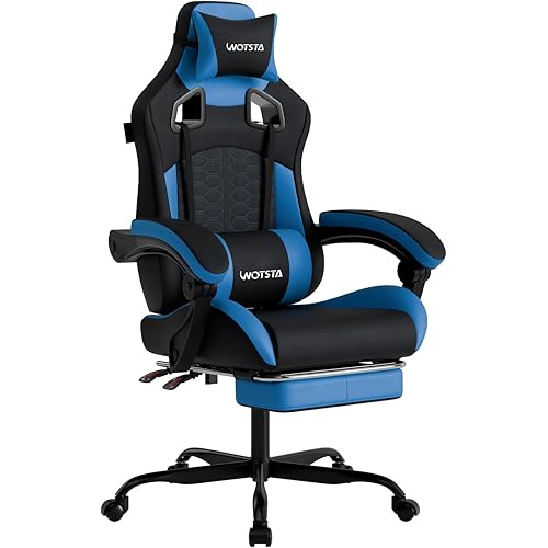 Gaming Chair with Footrest, Gaming Chairs PVC Leather Ergonomic Office Gamer Chair Headrest Lumbar Support Racing Style Video Gaming Chair for Office (Black Blue)