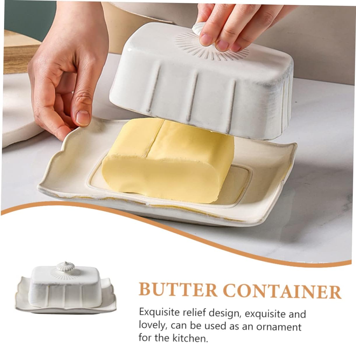 Ceramic Butter Dish with Lid Rectangular Decorative Butter Plate Tray for Kitchen Hotel Restaurant Use Microwave and Refrigerator Safe Freshness Preserving Food Storage Container