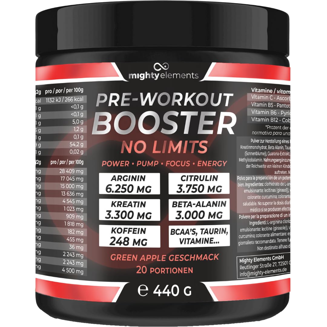 Mighty Elements Pre-Workout Booster No Limits Pulver, Arginin 6.250 mg, Citrullin 3.750 mg, Kreatin 3,3 g, Beta-Alanin 3 g, Koffein 248 mg, Green Apple Geschmack, 20 Portionen, 440 g