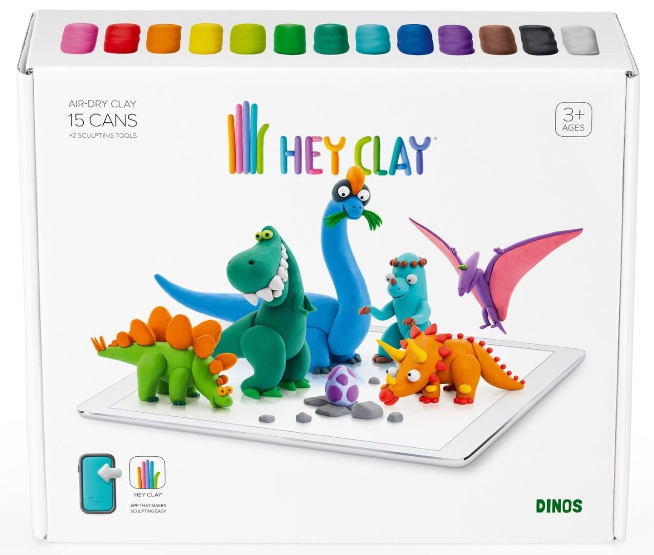 Hey Clay E73363 Dinos Set-Colourful Modeling Kids-Air Dry Clay Kit 15 cans and Sculpting Tools with Fun Interactive Instructions App, Multicolored