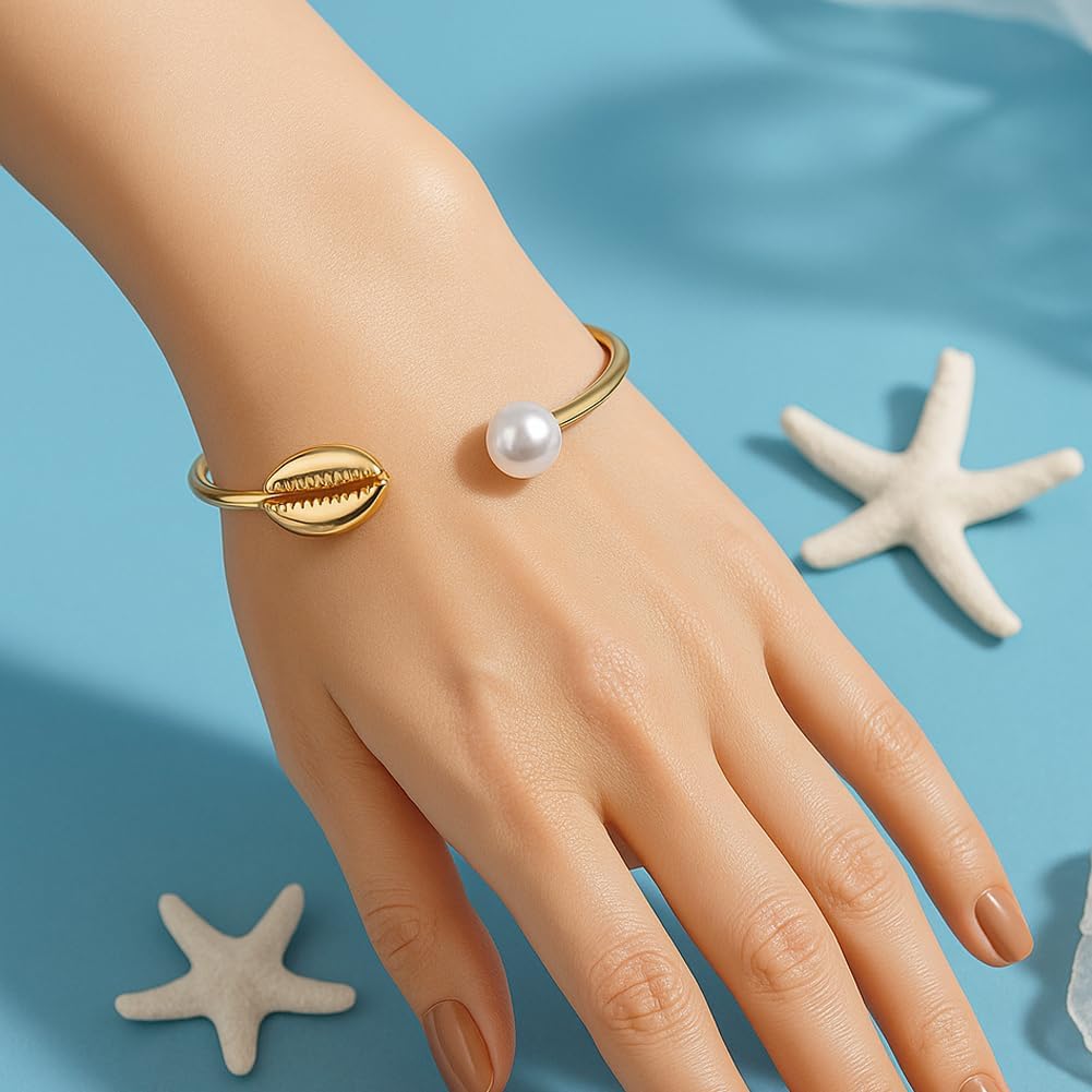 Shell Pearl Torque Irregular Shape Bangles for Women Adjustable Cuff Bangles with Pearl Summer Style Bracelets Jewelry Set Open Cuff Bangle for Women Jewelry Gifts - Image 5