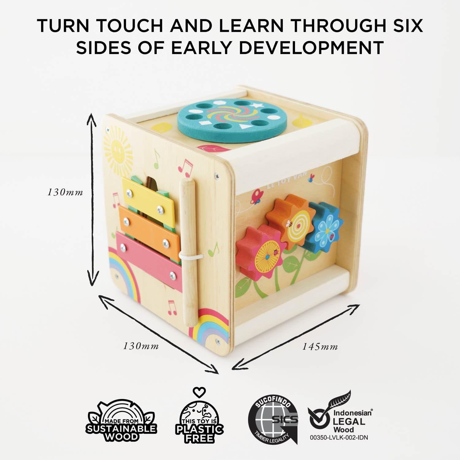 Le Toy Van – Pädagogischer Petilou Multi-Sensorikwürfel aus Holz mit Drehrad | Für Mädchen & Jungen | Geeignet für Kinder ab 2 Jahren