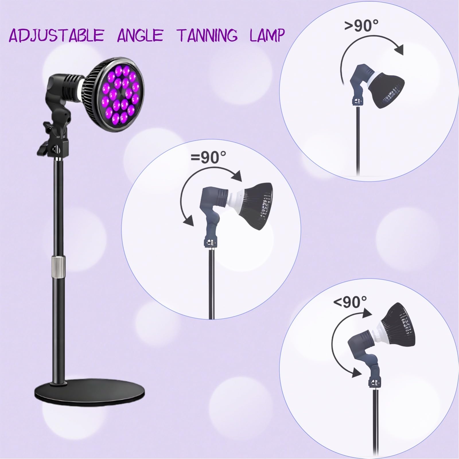 Lámpara de bronceado de 54 W con 18 LED y longitud de onda de 395 nm. Lámpara de terapia con cabezal giratorio E27 para cuerpo completo, ángulo y altura ajustables, con gafas y base retráctil Solarium
