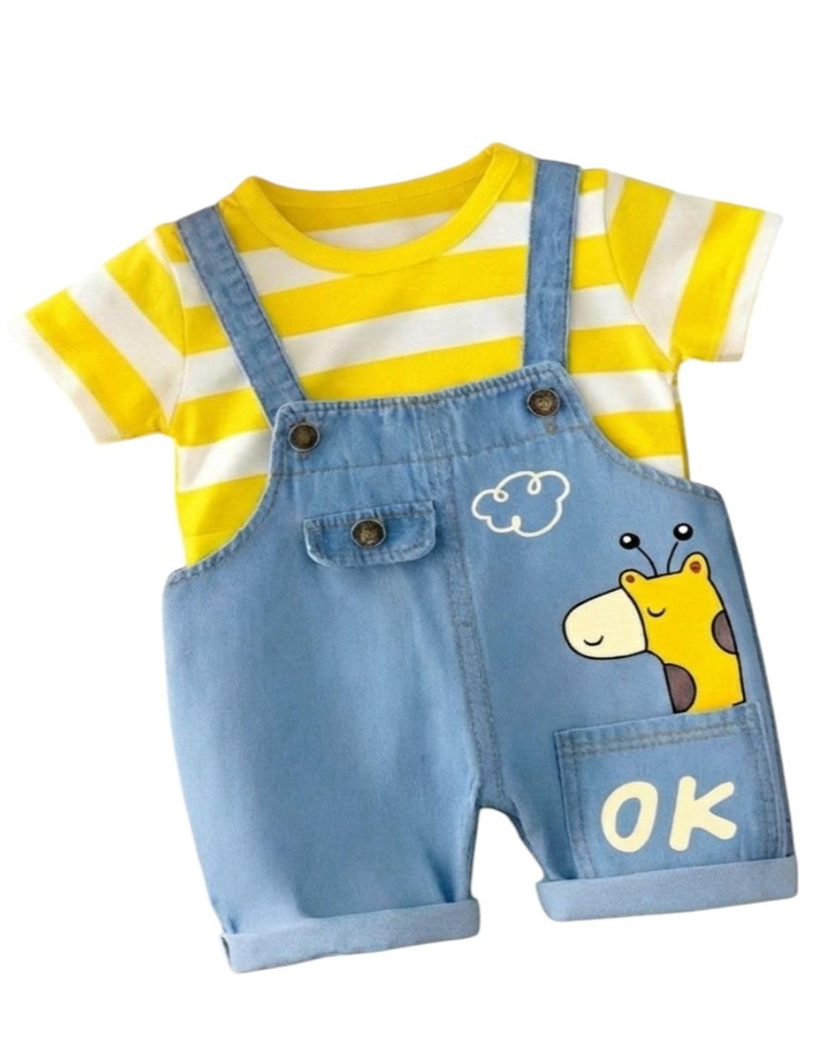 cutevibe Baby Boys Cotton Blend Clothing Set, Yellow Striped Half Sleeve T-Shirt with Denim Dungaree Shorts, Cute Giraffe Print, Summer Outfit for Toddlers-picture-18