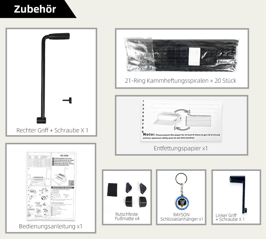 RAYSON Plastik-Bindekamm Bindegerät, 21 Löcher, Bindet 400 Blatt, SD-220B | Robuste Metallkonstruktion, 21 herausnehmbare Stanzmesser, Kostenloses Bindematerial im Lieferumfang enthalten