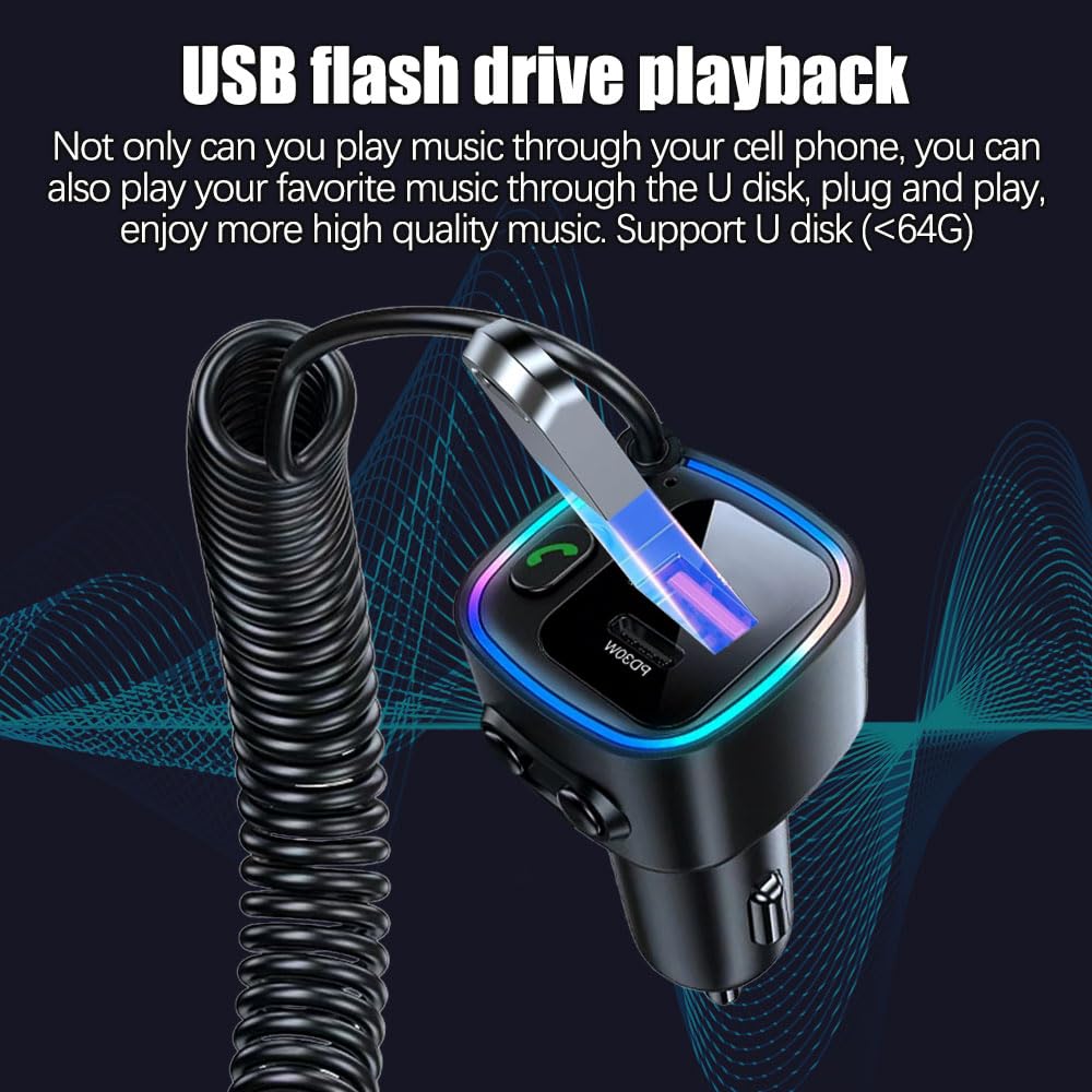 Bluetooth Adapter Auto Aux 5.4 FM, Transmitter Auto Bluetooth, USB C Adapters Autos Zigarettenanzünder mit Spiralkabel Klinke 3.5mm, AutoLadegerät 42W (PD 30W&QC 12W)