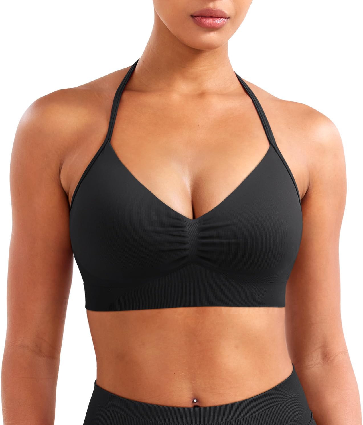 YEOREO SoftHue Women Halter Sports Bra Impact Longline Strappy Bra V Neck Padded Open Back Workout Gym Crop Top