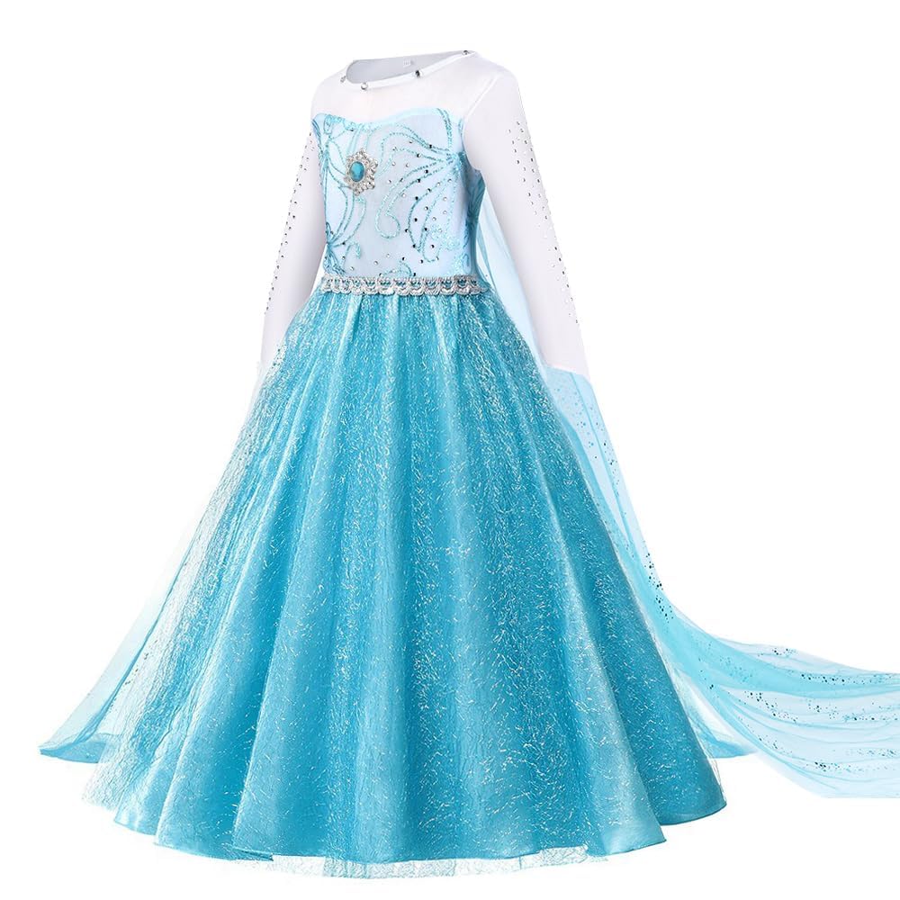 URAQT Costume di Principessa, Set da Principessa Corona Bacchetta Guanti Treccia, Costume di Cosplay Party Halloween Costumi Abito delle Ragazze di Natale Vestito Fantasia (Verde Chiaro-100-150)
