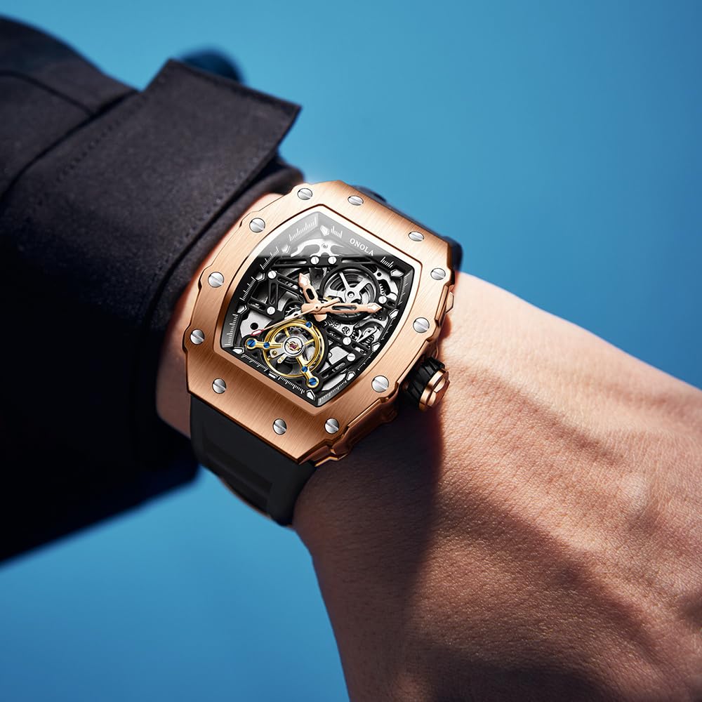 Tonneau, orologio da polso da uomo, completamente automatico, con timone, volano, orologio meccanico Tourbillon, scheletro, impermeabile, alla moda