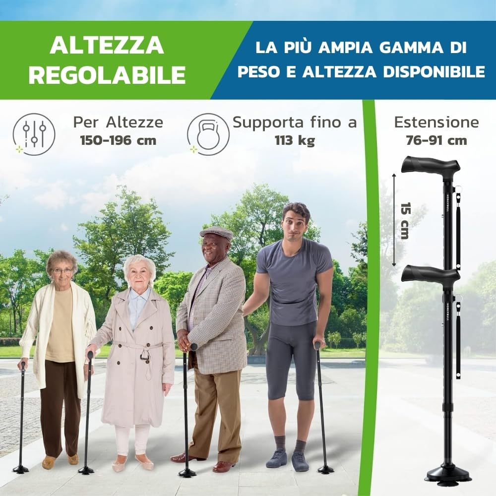 HONEYBULL Bastone da Passeggio Pieghevole per Uomo e Donna, Autoportante con Punta Snodata Antiscivolo, Regolabile e Leggero, Bastone per Anziani e Supporto Equilibrio