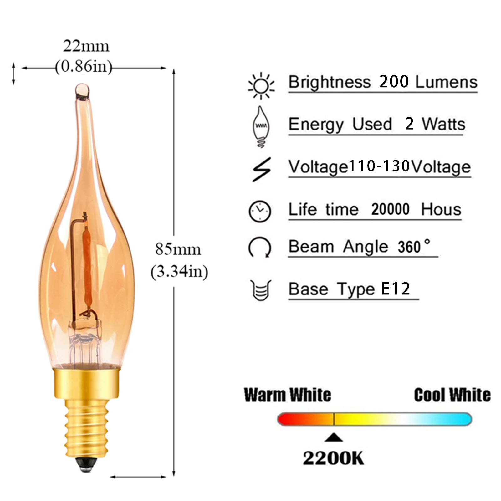 Ampoules LED Edison vintage, lampe à incandescence 2 W = 20 W, paquet 6 ampoules à bougie à flamme jaune chaude, ampoules lustre à intensité variable, base dorée E12