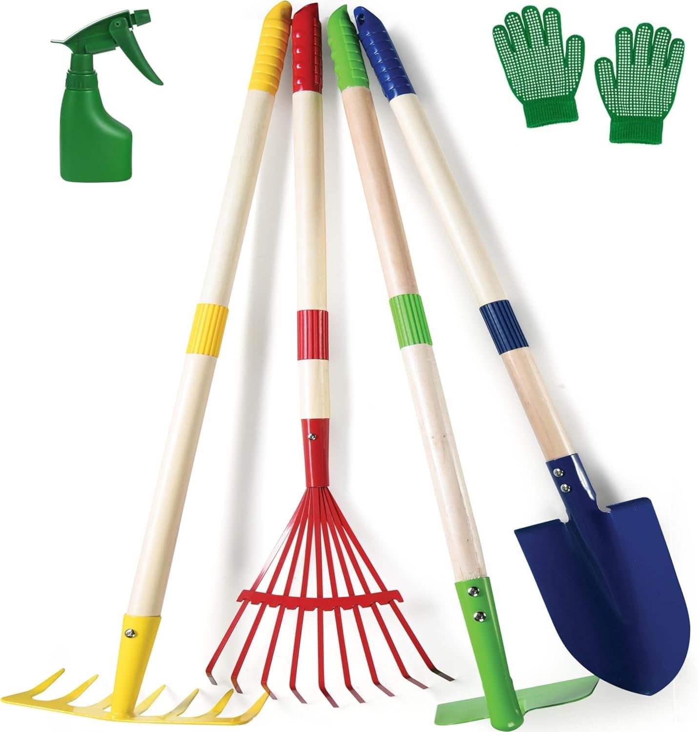 LATERN 6Pcs Kids Gardening Tools Set, 71CM Metal Garden Tools Large Shovel Rake Hoe Leaf Rake with Wooden Handle