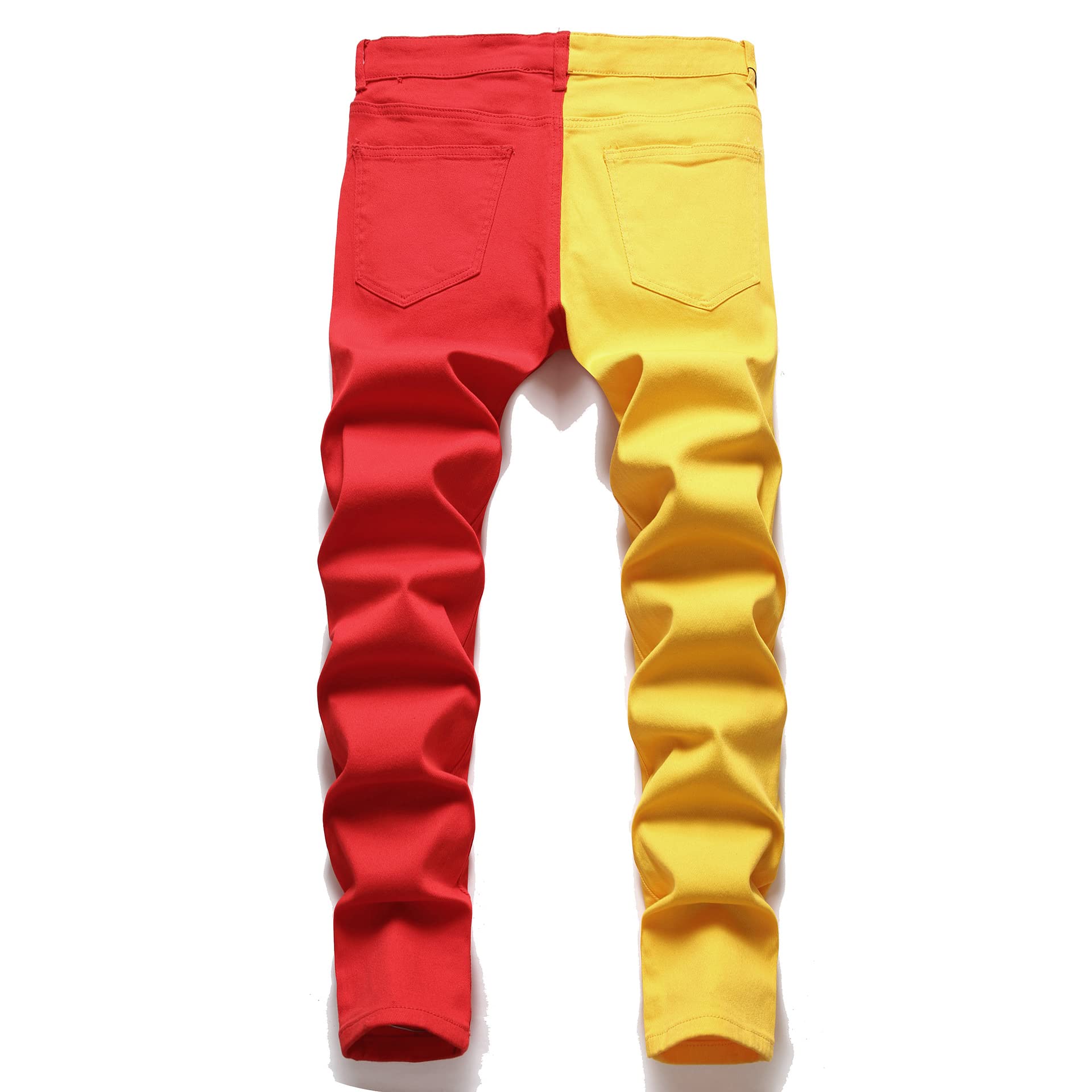 Herren Skinny Jeans Mode Casual Schwarz Rot Weiß Patchwork Slim Fit Baumwolle Demin Bleistift Hosen Größe 28-38, Gelb + Rot, 52