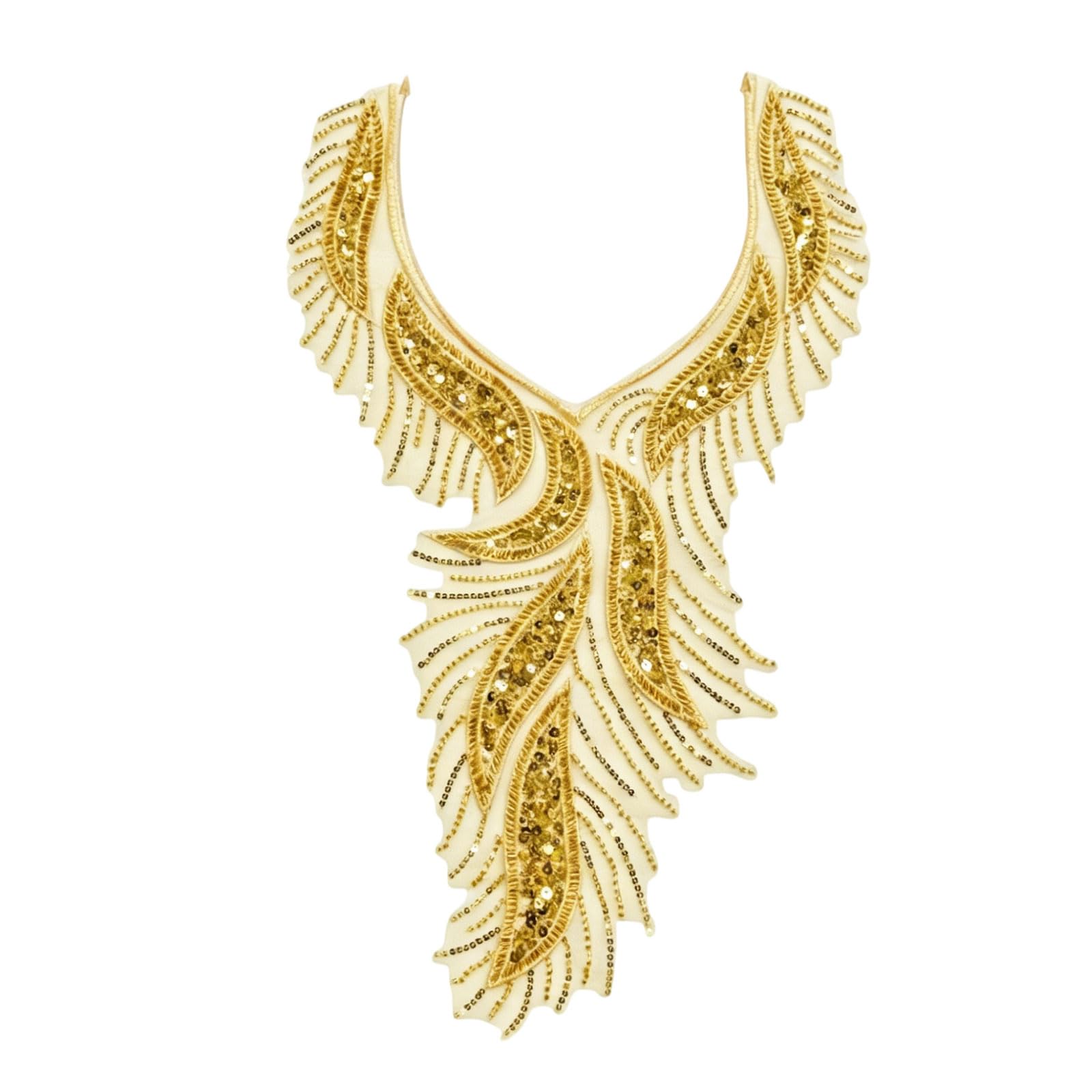 Sew-on Neckline Applique, Gold Embroidered Mesh Trim for Dress Blouse Costume and Garment Alteration Use Embroidered Neckline Applique Sew on Collar Trim Gold Mesh Garment Embellishment Dress