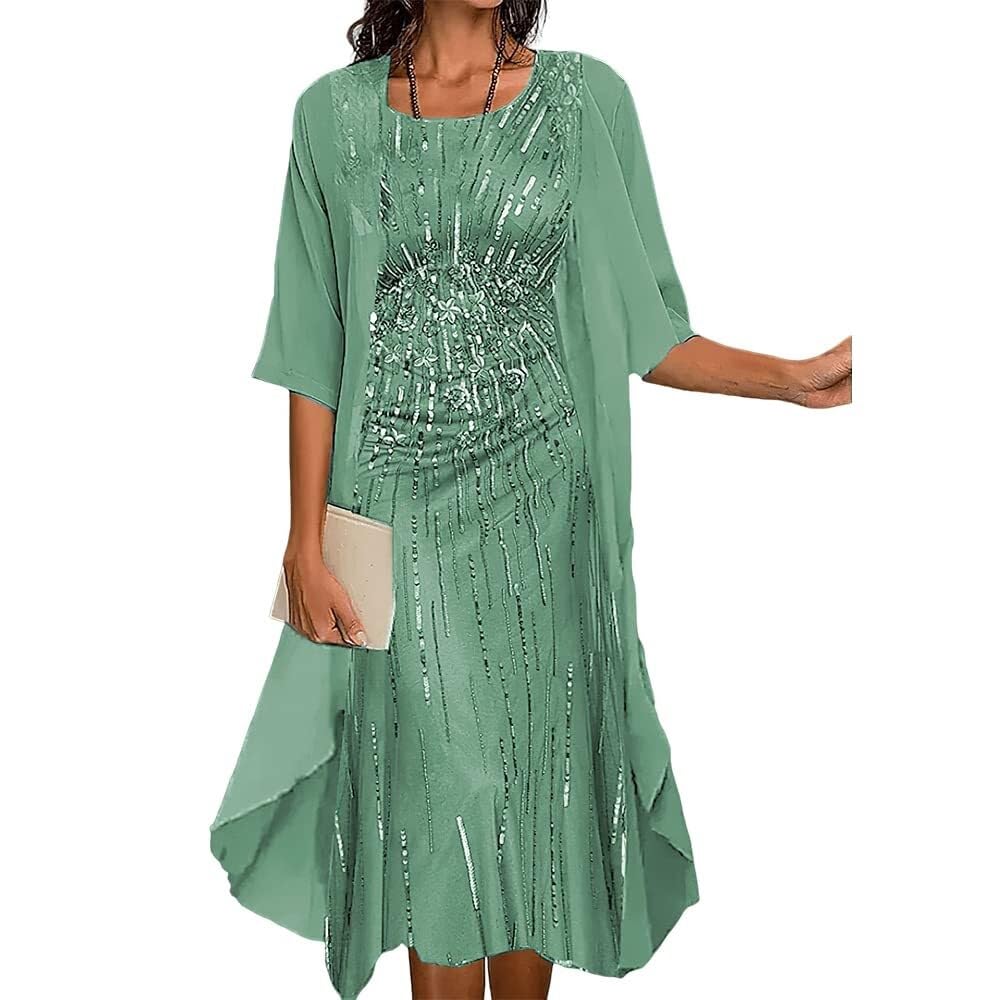 Two-Piece Set Maxi Dress for Womens Flowy Chiffon Cardigan Wedding Guest Floral Print Midi Dresses with Lace Jacket, Green, Large