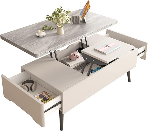 Guyii Lift Top Extendable Coffee Table with Storage, 3 in 1 Multi-Function Coffee Table Center Table with Hidden Compartment, Modern Rectangle Dining Table for Living Room