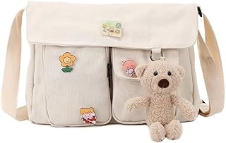 Canvas Crossbody Bag Messenger Cute Bag with Pins and Pendant for Women Girls Casual