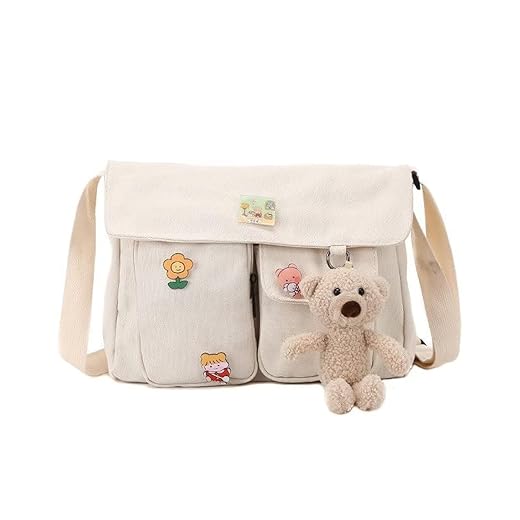 PRAGARI Canvas Crossbody Bag Messenger Cute Bag with Pins and Pendant for Women Girls Casual Shoulder Aesthetic School bag