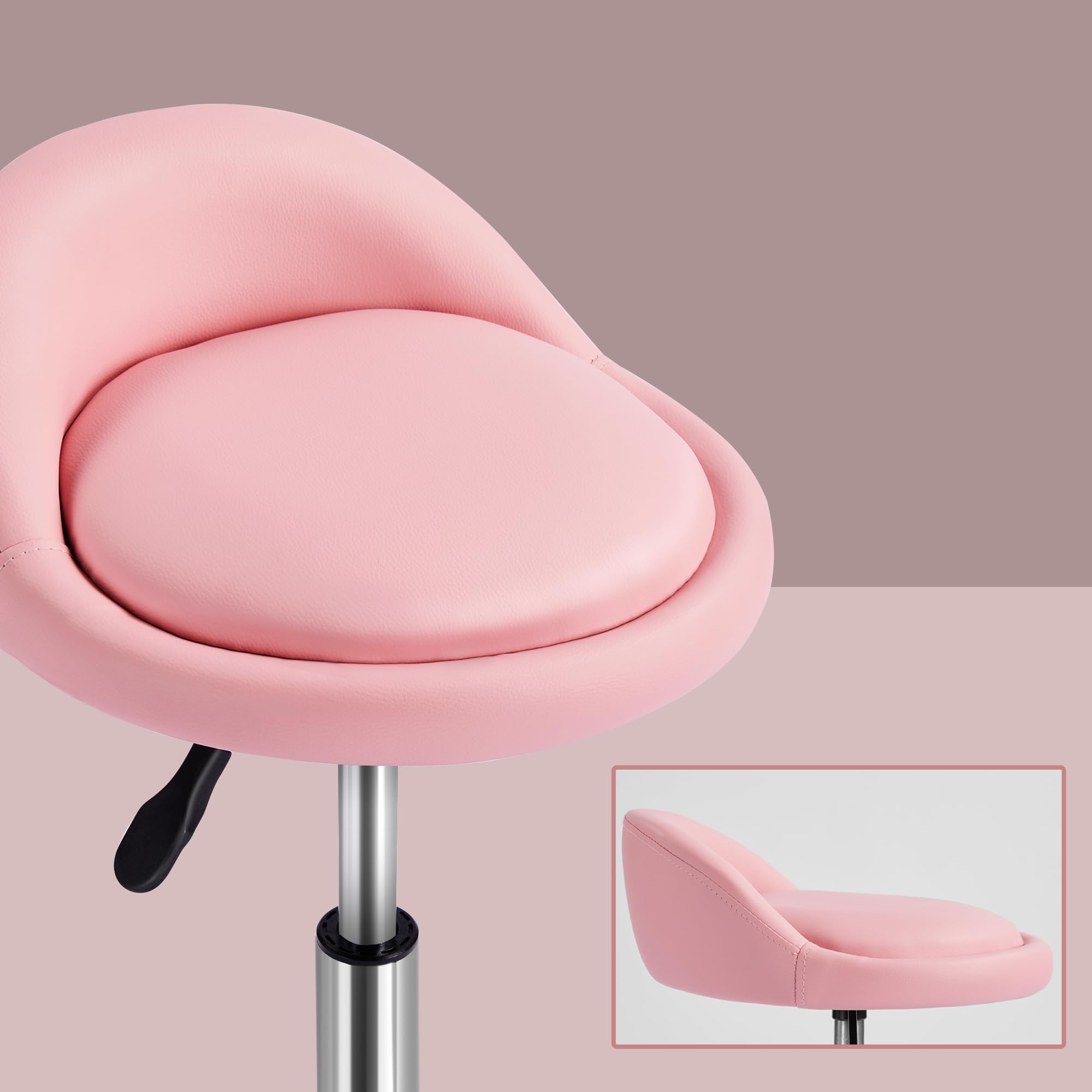 Sgabello con Ruote Estetista Regolabile in Altezza per Toeletta Trucco Girevole Rosa