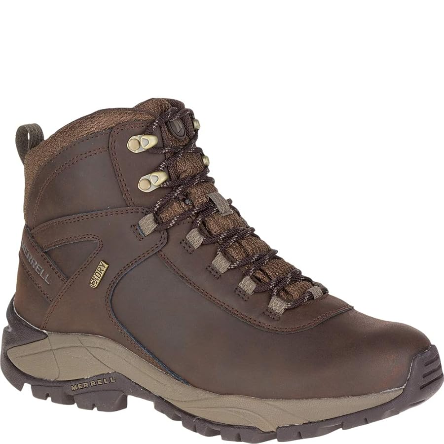 Merrell Vego Mid Leather Waterproof Hiking Boot in brown showing premium leather construction and rugged design