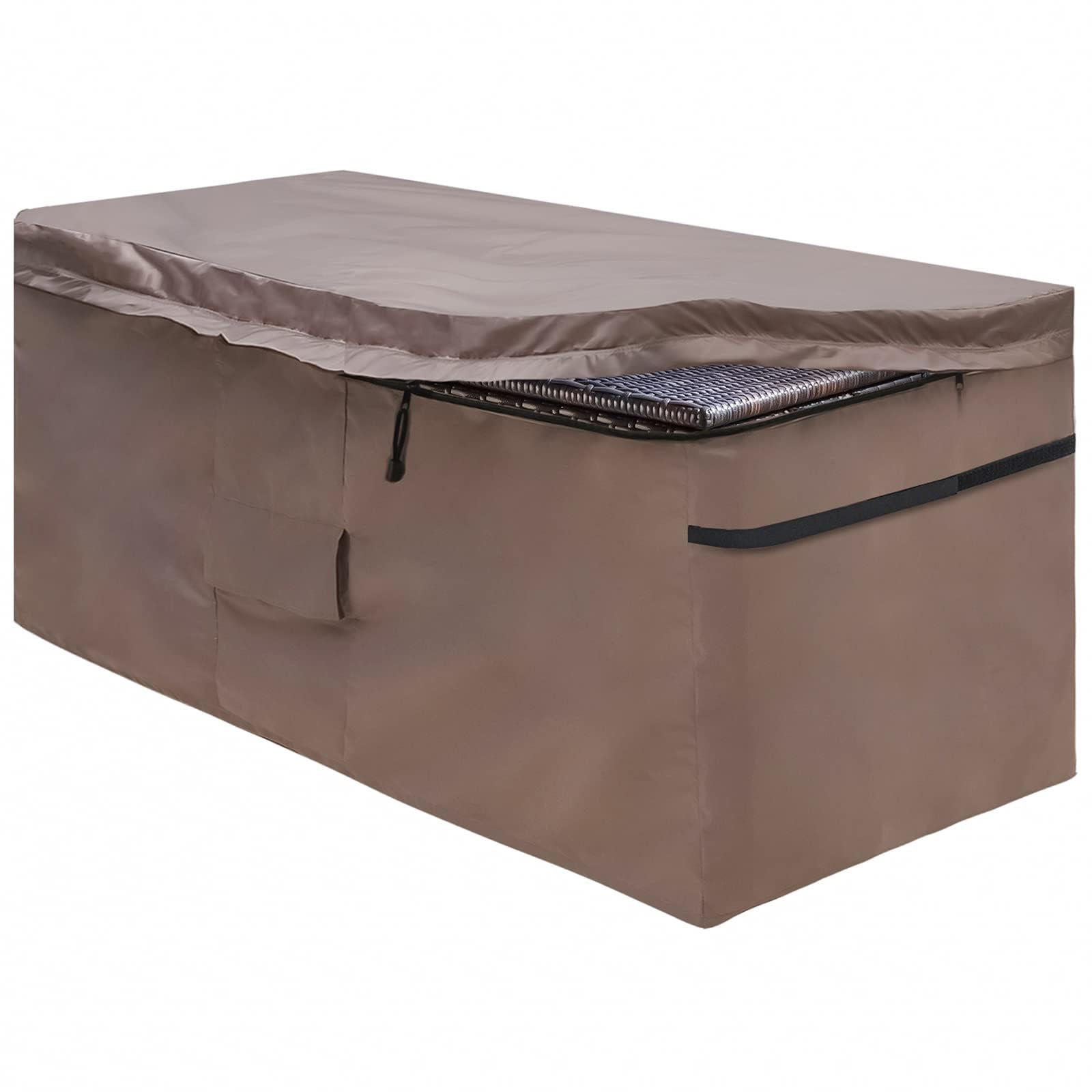 Housse Imperméable pour Coffre de Rangement en Jardin, Couverture pour Boîte de Terrasse avec Couvercle à Zip et Ventilation, Oxford 420D Brun (157 x 76 x 69 cm)