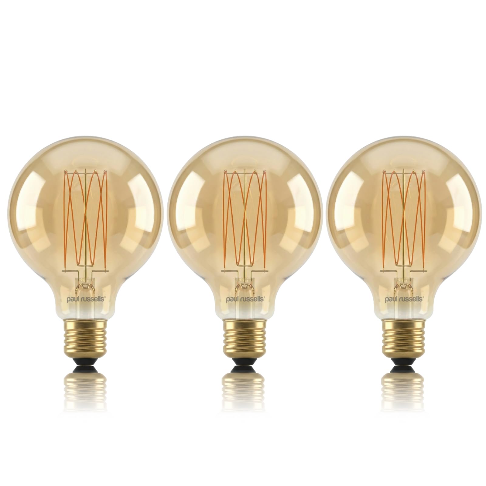 paul russells LED E27 Bulb, 7W = 50w Equivalent 600LM Dimmable Edison Screw G95 Vintage Style 2200K Warm White, Golden Tint Amber Glass Globe Light Bulbs, Flicker-Free, Squirrel Cage Lampsโ 3 Packs โ image 1