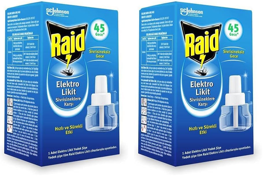 Raid Elektro Likit Sivrisineklere Karşı Hızlı ve Sürekli 45 Gece Etkili 1 Adet Elektro Likit Yedek Şişe (2 paketi)