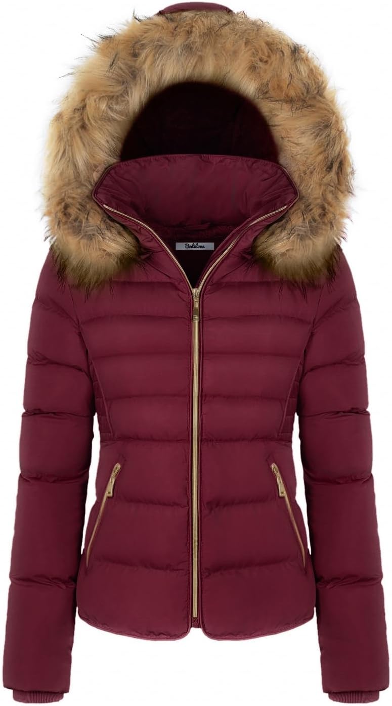 BodiLove Women’s Winter Quilted Puffer Coat Jacket Plus Sizewith Removable Faux Fur Hood and Zipper