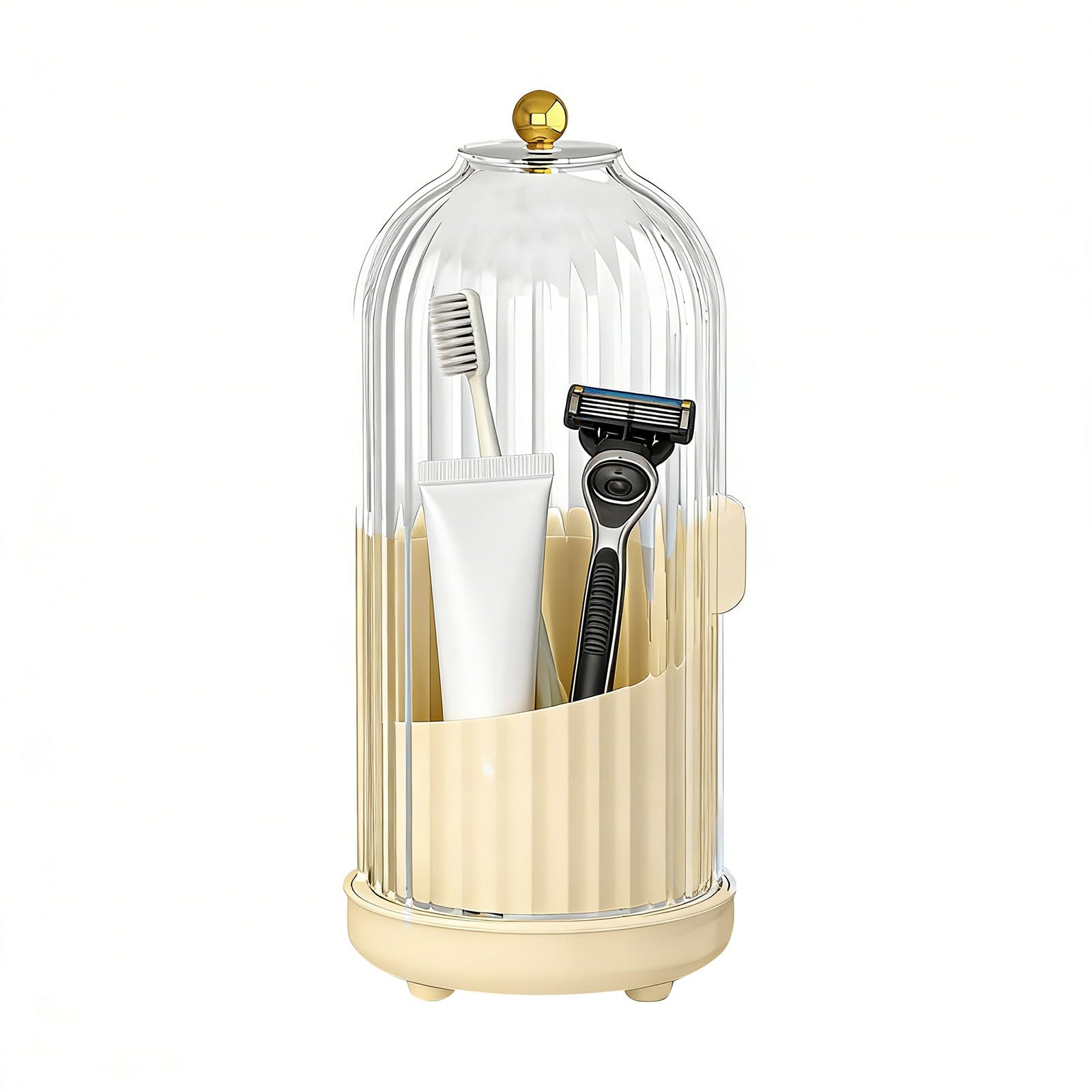 Intelligent Rotating Covered Toothbrush Organizers Including Efficient Water Removal and Multi Item Capacity Toothbrush Rack