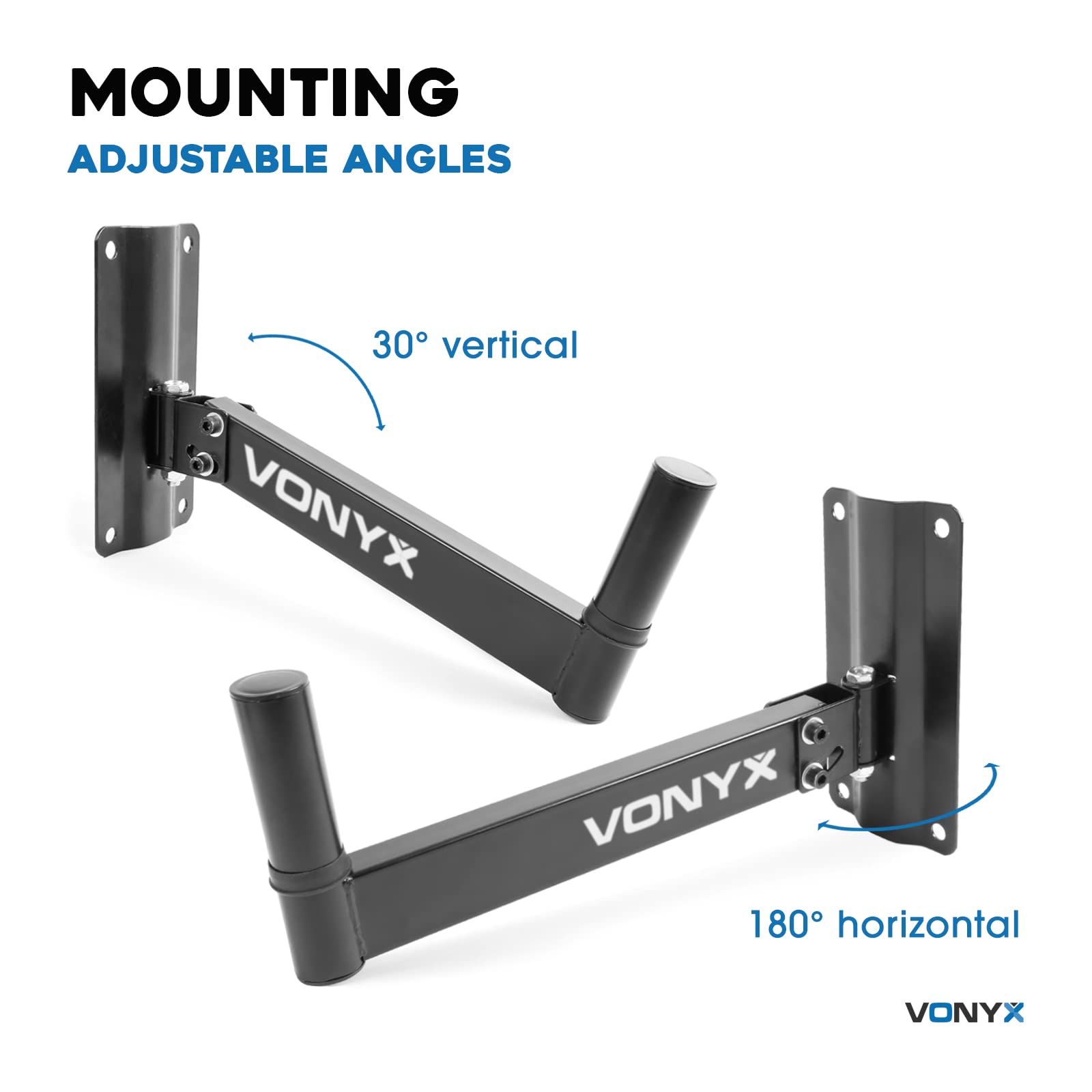Vonyx WMS-02 Pareja de Soportes metálicos para Altavoz en Pared, rotación Lateral de 180 Grados, inclinación Fija de 30 Grados, para Altavoces con Agujero de 35mm, Carga máxima de 25 kg