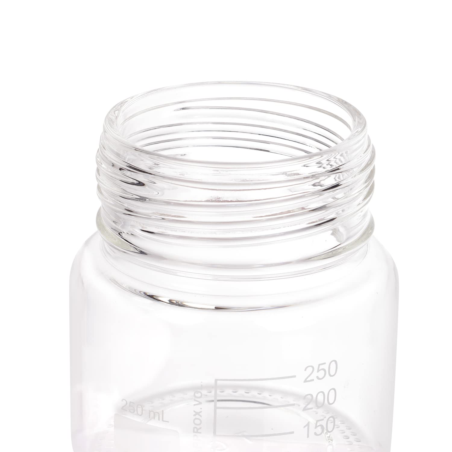 Paquete de 4 botellas de vidrio de borosilicato de boca ancha graduadas redondas de 250 ml con tapa de rosca azul GL80