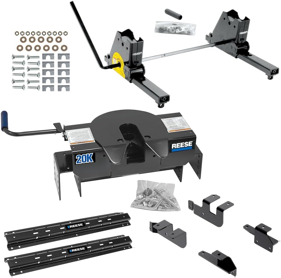 Reese 20K Dual Jaw Fifth Wheel Trailer Hitch with Square Slider + Above-Bed Outboard ISR Base Rail Kit - Fits Short Bed Trucks for 2014-2027 Ram 2500