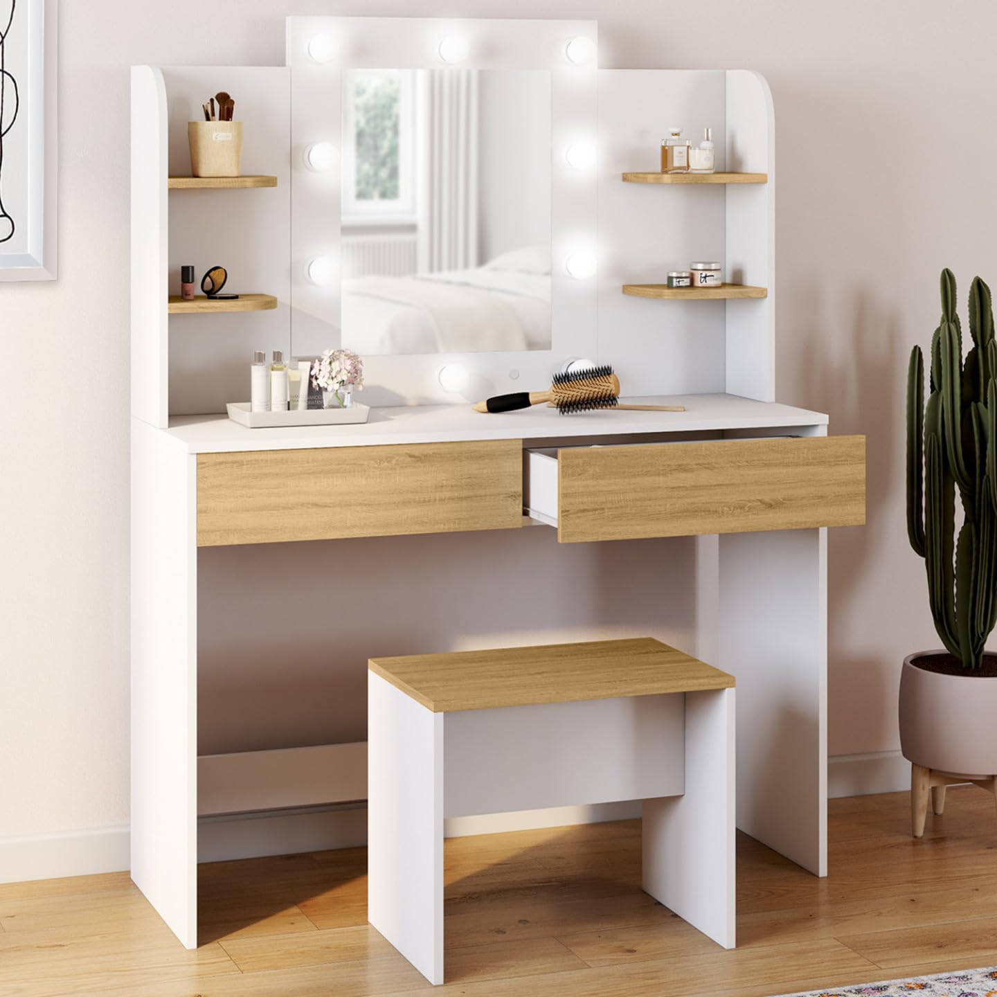IDMarket - Coiffeuse Zelia Blanc et hêtre Miroir LED