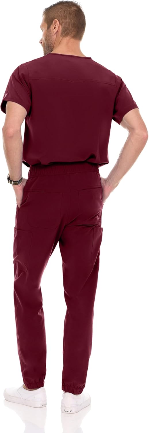 MediChic Men Scrubs Set - Stretch V-Neck Scrub Top with 7-Pocket Pants, Anti-Wrinkle, Yoga Waistband Workwear Scrubs for Men