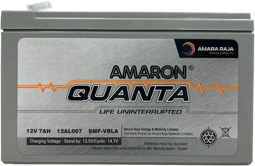 Amaron Quanta12V 7Ah SMF UPS-Emergency Battery Ideal for Use in UPS/Solar and More Instruments (VRLA 12-07/ 12V, 7AH C20)
