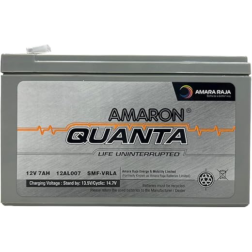 amaron quanta 12V 7Ah SMF UPS-Emergency Battery Ideal for Use in UPS/Solar and More Instruments (VRLA 12-07/ 12V, 7AH C20)