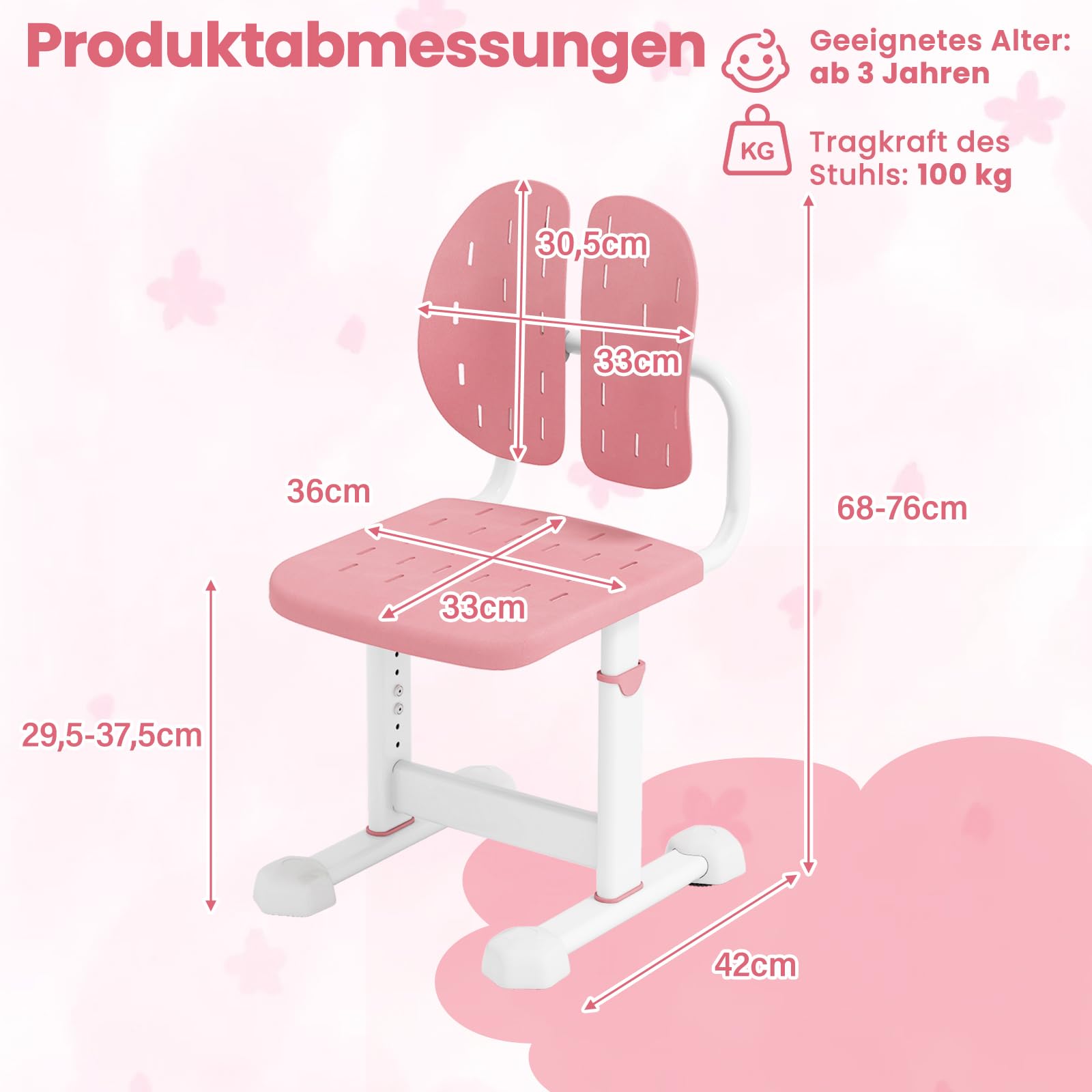 COSTWAY Schreibtischstuhl Kinder, 29,5-37,5cm höhenverstellbar, Kinderschreibtischstuhl mit doppelter Rückenlehne, armloser Bürostuhl ohne Rollen, Kinderstuhl für Jungen & Mädchen ab 3 Jahren (Rosa)