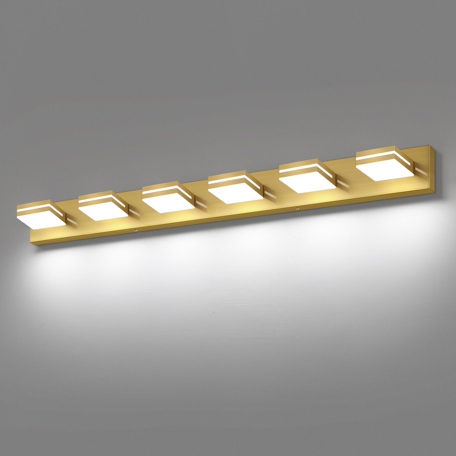 SineRise LED Modern Bathroom Vanity Light Fixtures, Modern Acrylic Bathroom Wall Lighting Fixtures Over Mirror, 6-Light, 48-Inch, Brass, White