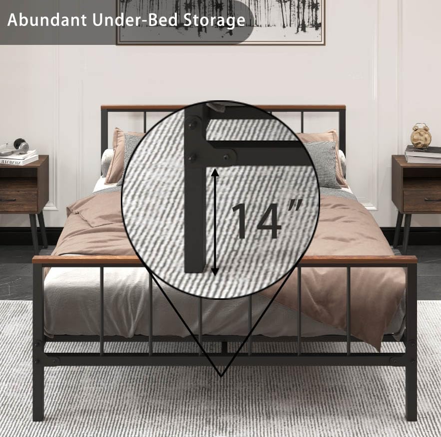 Miniatura 4 de Marco de cama de metal tamaño Queen con cabecero y estribo, marco de cama resistente de 84 pulgadas con espacio de almacenamiento, marco de cama