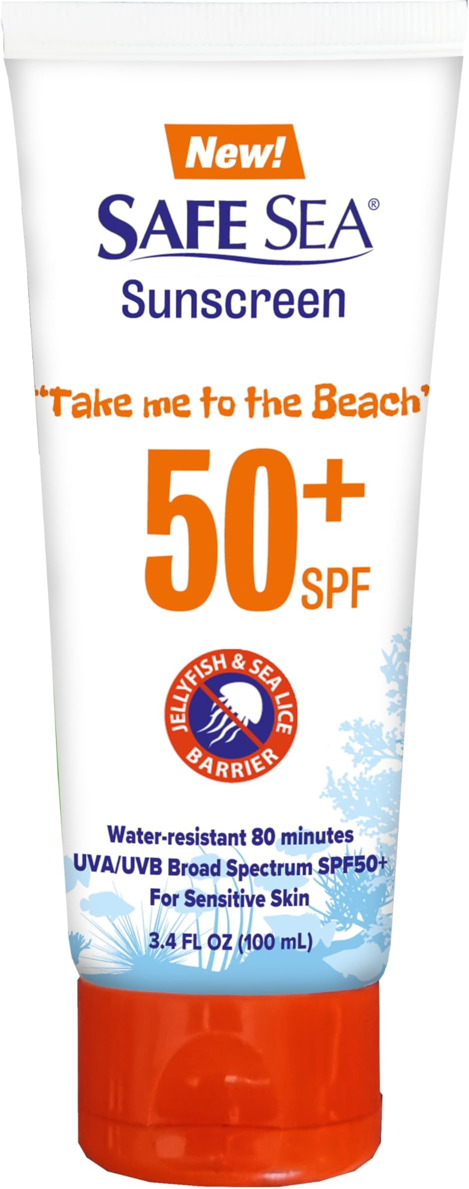 SAFE SEA Jellyfish Sting-Blocking Sunscreen, SPF 50+ travel Size Lotion, Waterproof, Biodegradable, Body and Face Sunscreen, Anti-Jellyfish and Sea-Lice sting protection (Tube 3.4 oz)