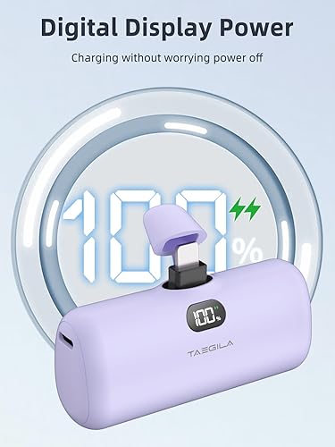 Miniatura 6 de Taegila Cargador portátil pequeño rosa y morado para iPhone 5000 mAh con cable integrado, banco de energía compacto certificado MFi con pantalla LCD