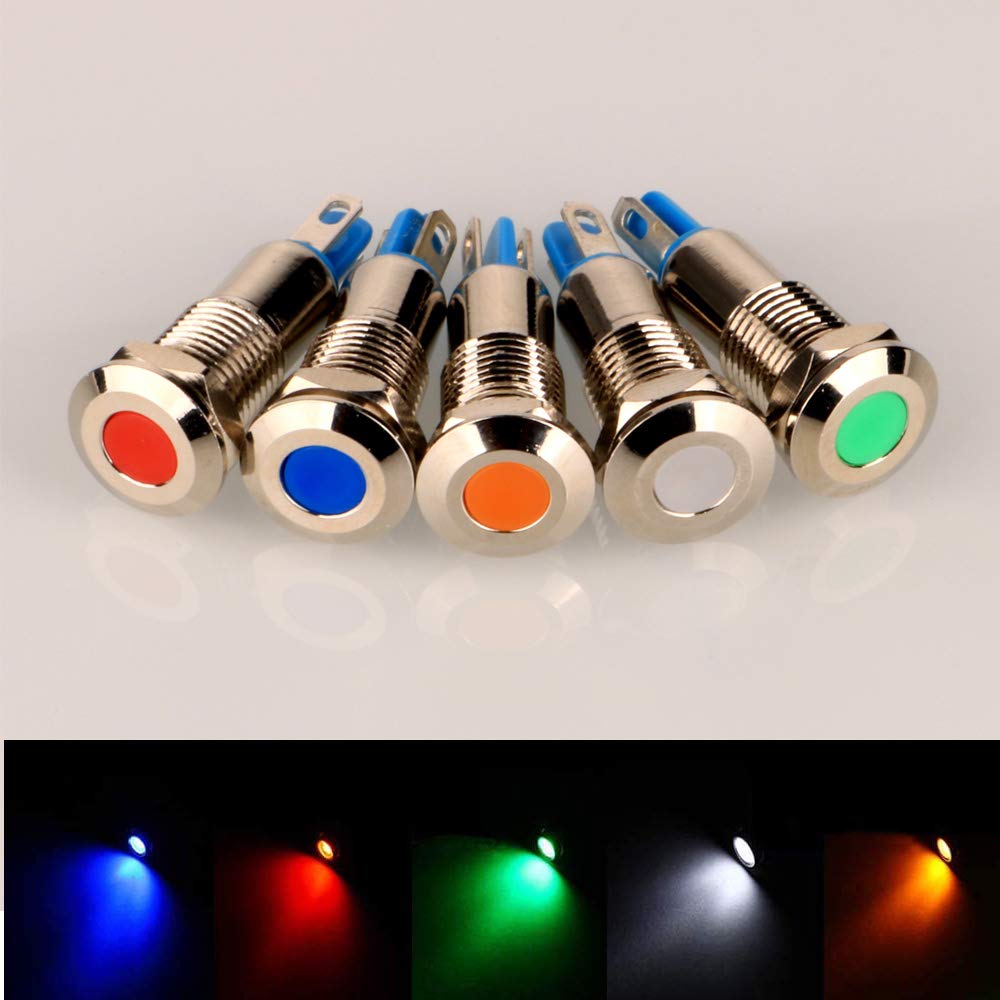 Gebildet 5pcs 8mm AC/DC 12-24V Stainless Steel Waterproof LED Indicator Light Metal Shell Pilot Custom Dash Signal Lamp Concave Head