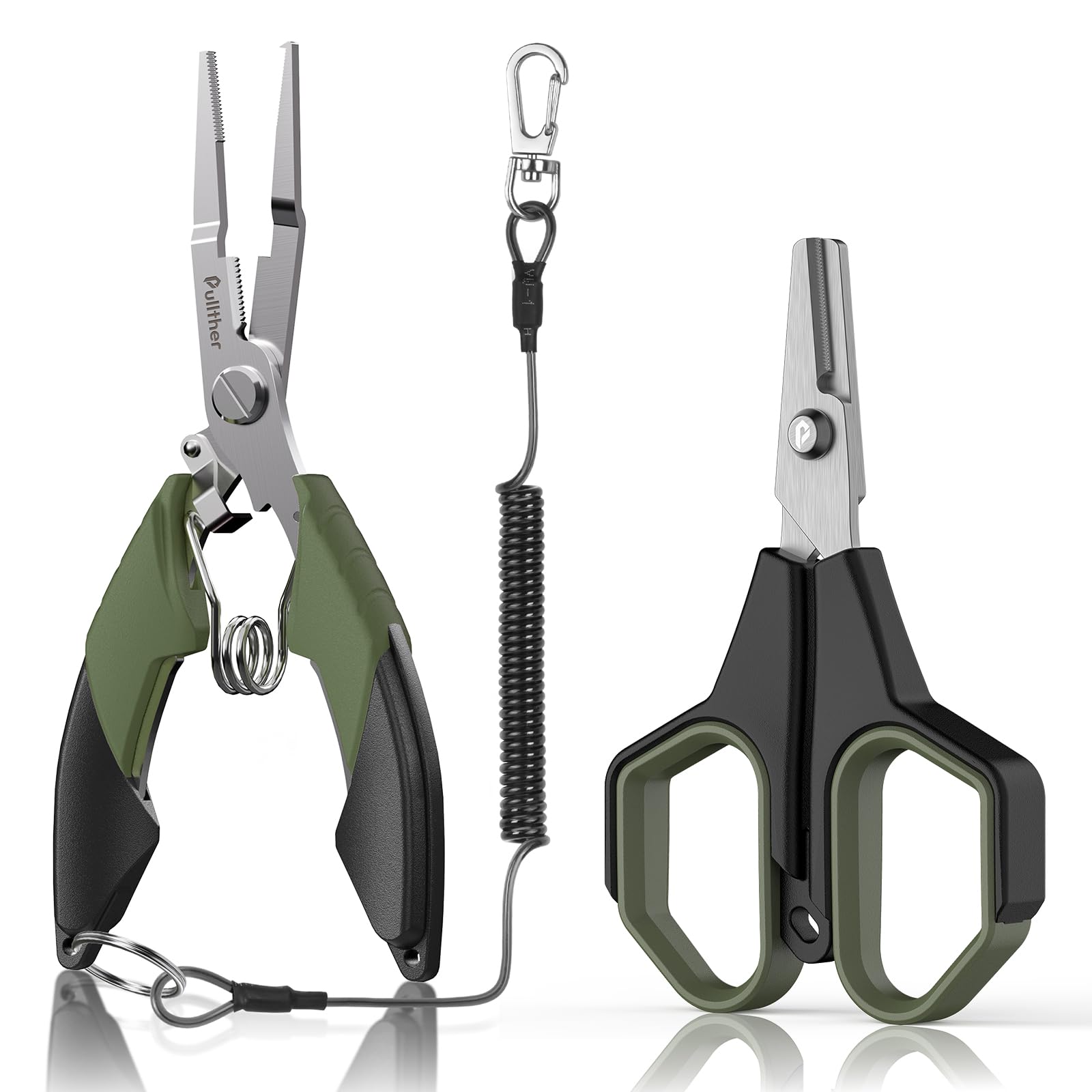 pullther Fishing Tools Kit, Fishing Pliers, Fishing Scissors, Fishing Line Cutter for Braided Fishing Line, Fishing Multitool with Lanyard (Green, 17cm Fishing Pliers + Fishing Scissors)