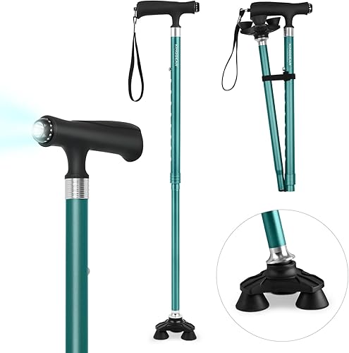 KINGGEAR Bastón de caminar para mujeres y hombres, bastón ajustable y ligero LED con soporte autónomo, gran resistente base giratoria de 360 grados