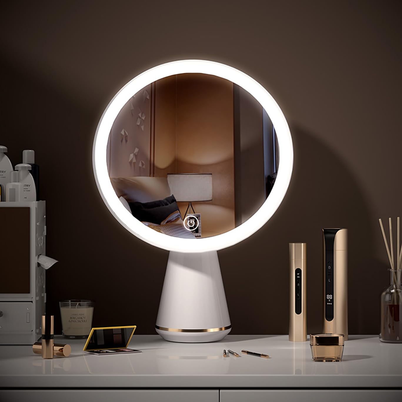 Mirror With Lights,360° Rotation Touch Screen Vanity Mirror,1000 mAh Rechargeable Plugging in,with 3 Level Brightness Adjustable Led Mirror,Women Gift (White)
