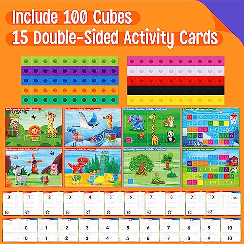 Image of Math Linking Cubes, 100 Math Cube Manipulatives with 30 Learning Activities Number Counting Blocks Snap Linking Math Counters Fun & Educational Pre-K Counting Blocks for Preschool Kindergarten