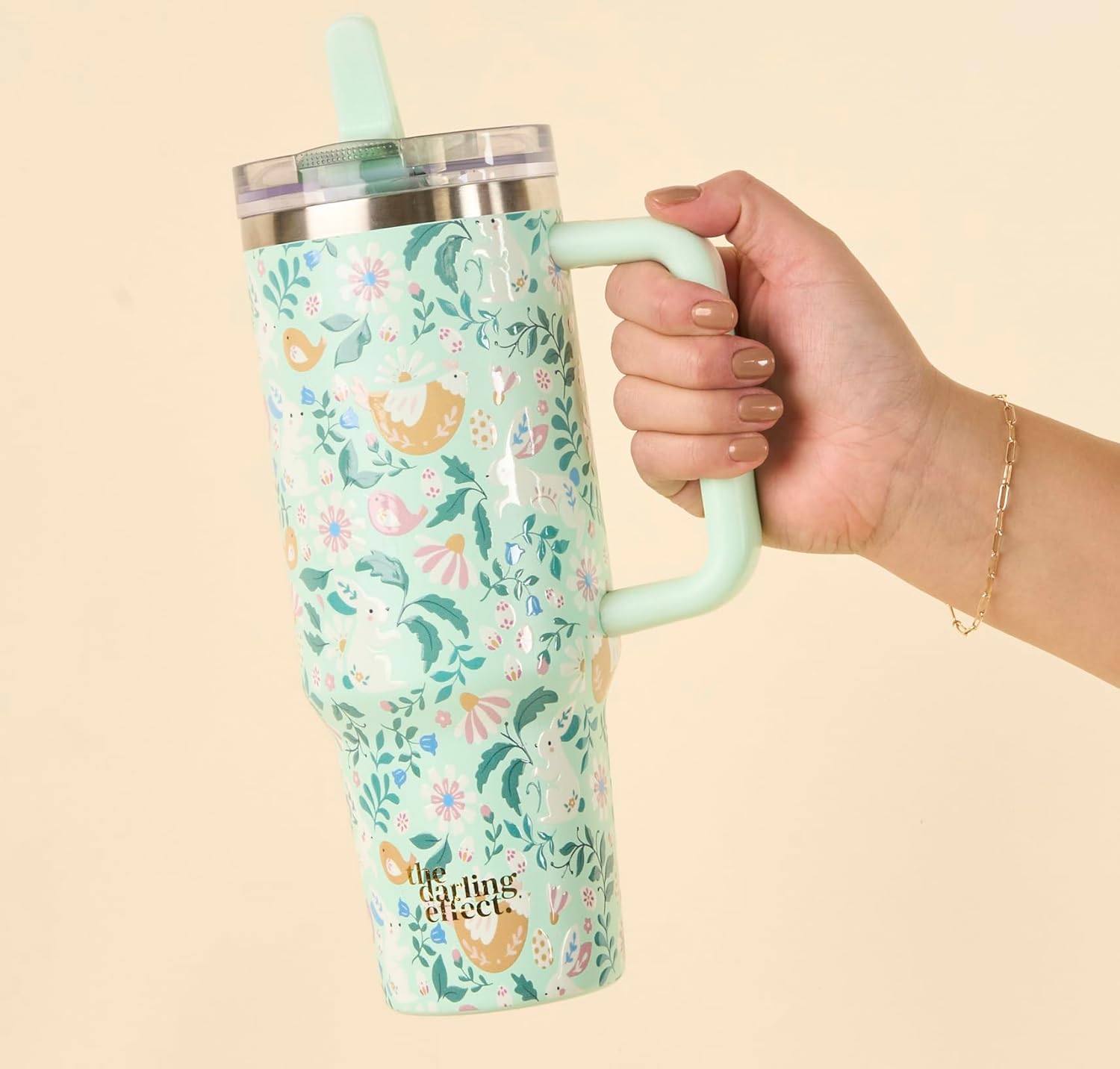 The Darling Effect 40 oz Tumbler with Handle Easter Bunny Flip Straw Lid Insulated Stainless Steel Leakproof Reusable Water Bottle Travel Mug for Water Hot Cold Iced Coffee Drinks