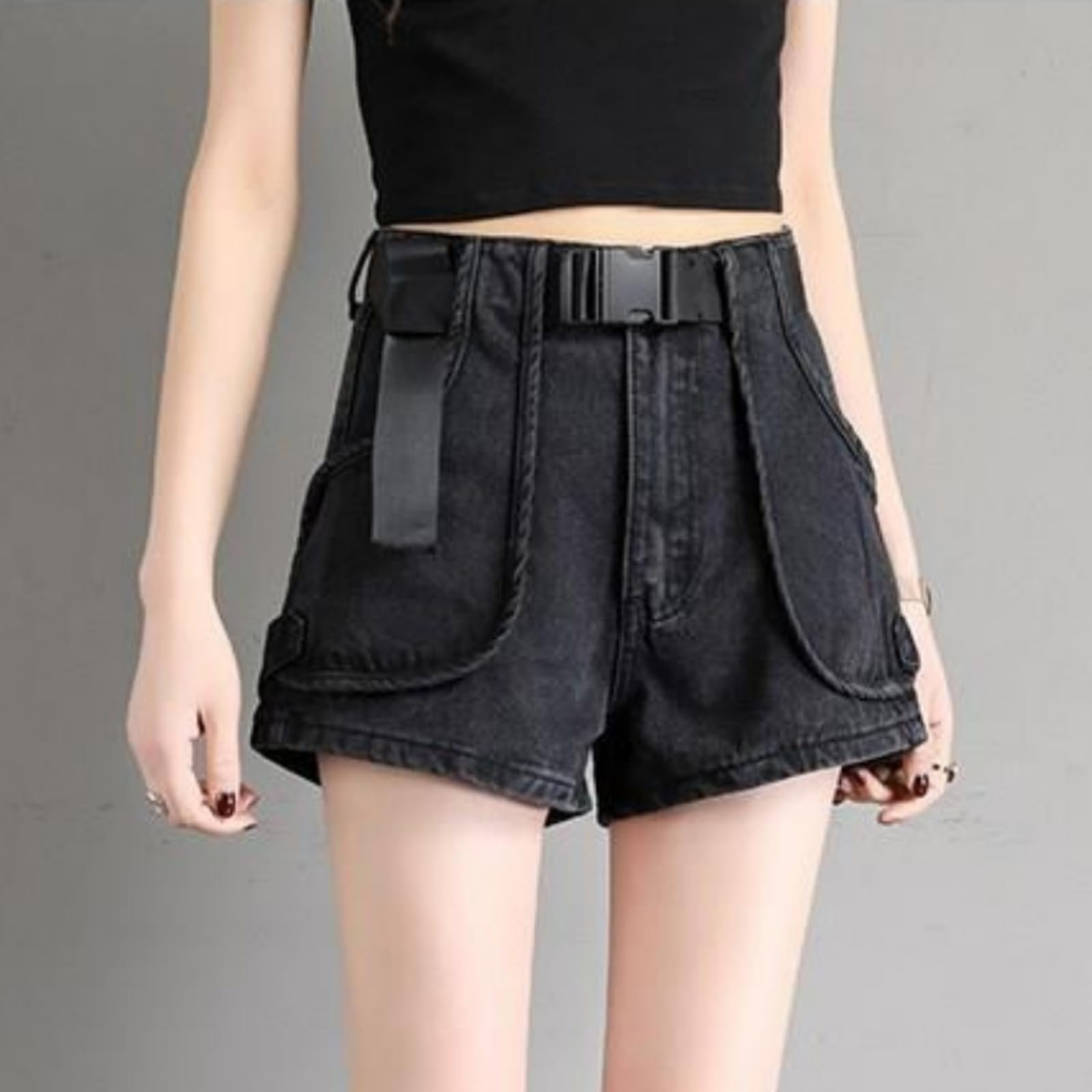 Shorts Jeans Donna Donne High Waist Denim Irregolare Frayed Raw Hem Distressed Punk A-Line Mini Hot Pants Estate-f02 Black-l